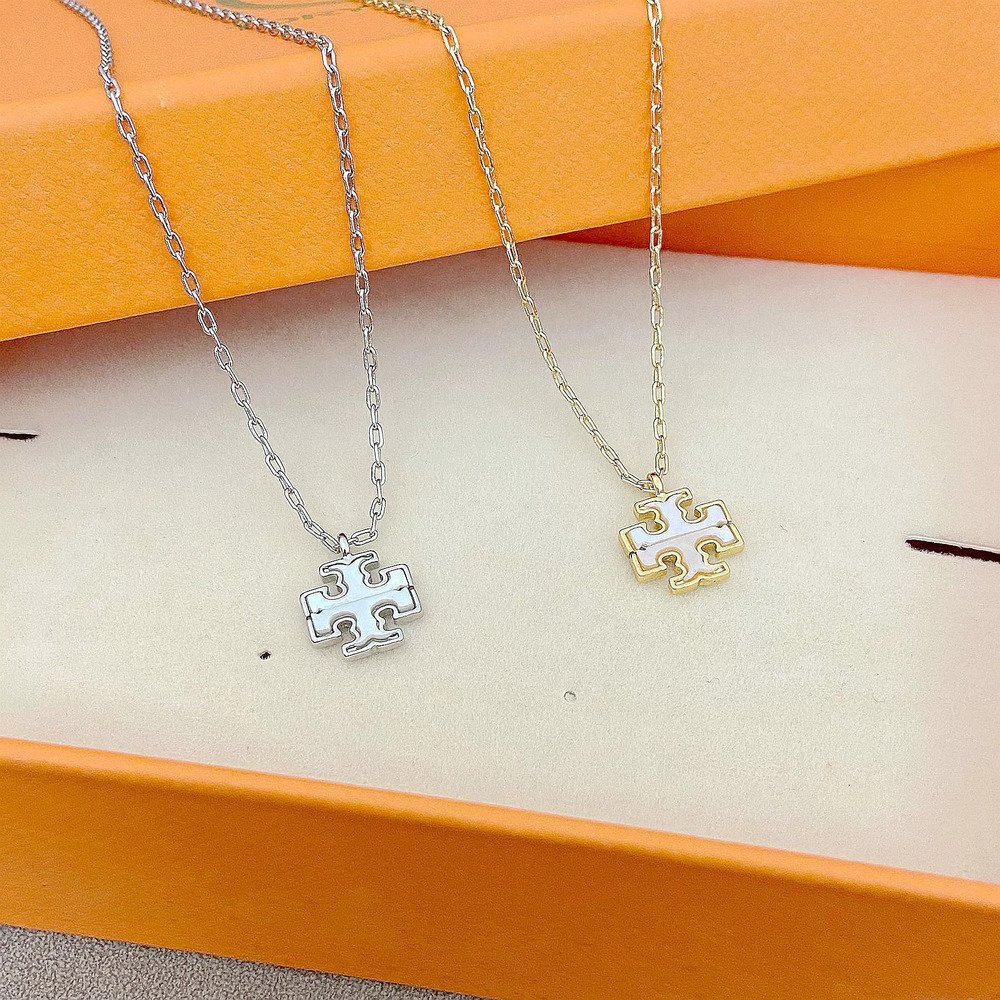 Tory Burch Gold White Shell Basic Square Double Pendant Necklace